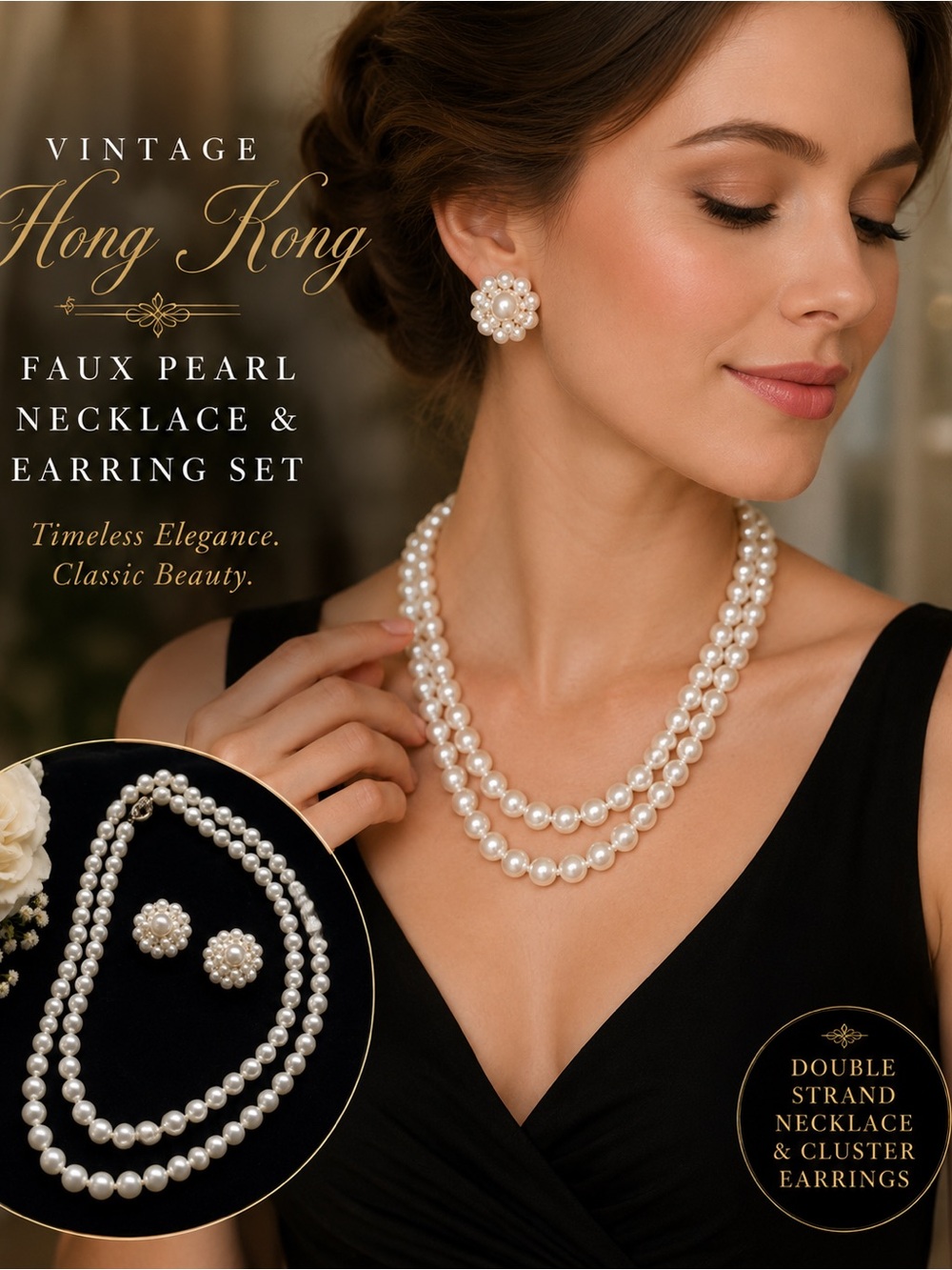 Vintage Hong Kong Faux Pearl Necklace & Clip Earring Set 23” Classic/Bridal